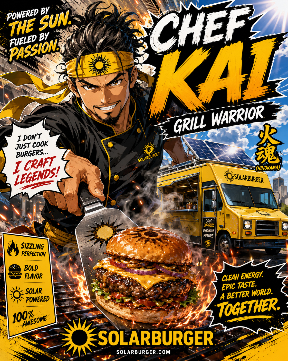 Manga portrait of the Solarburger chef holding a spatula like a sword near a solar grill.