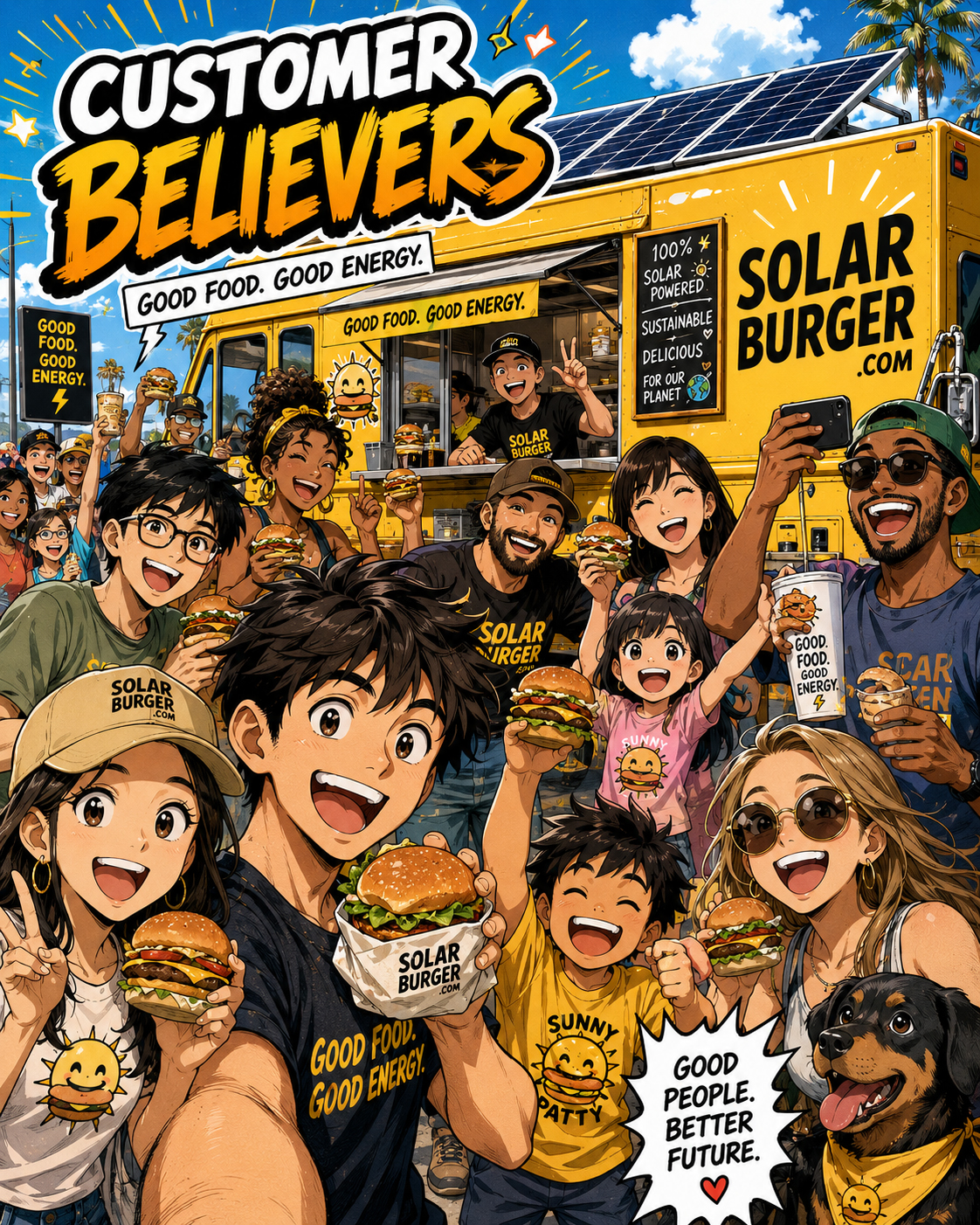 Manga customers lining up at the Solarburger grand opening, excited and curious.