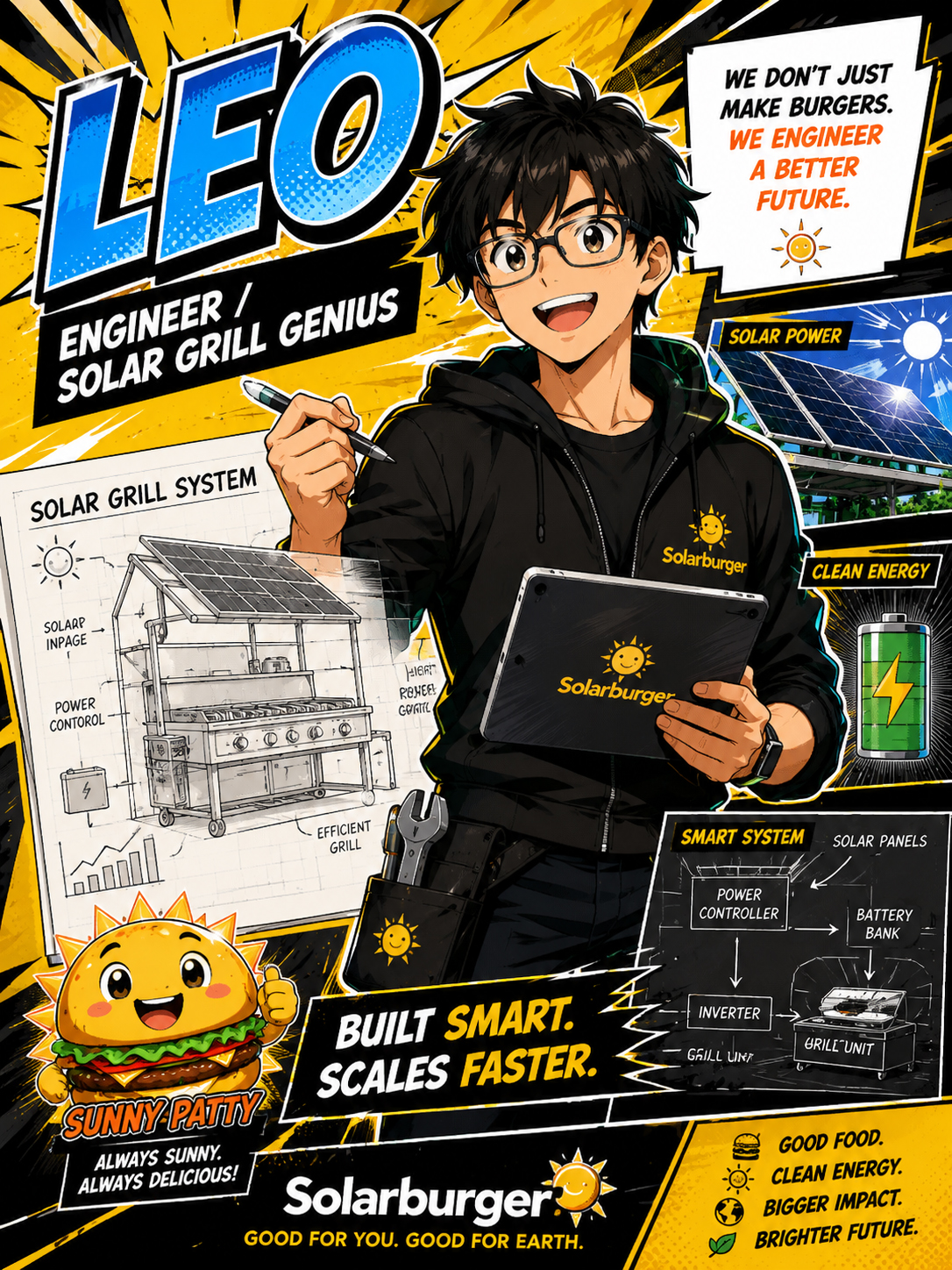 Manga portrait of the Solarburger engineer with glasses, tools, solar diagrams, and nervous confidence.