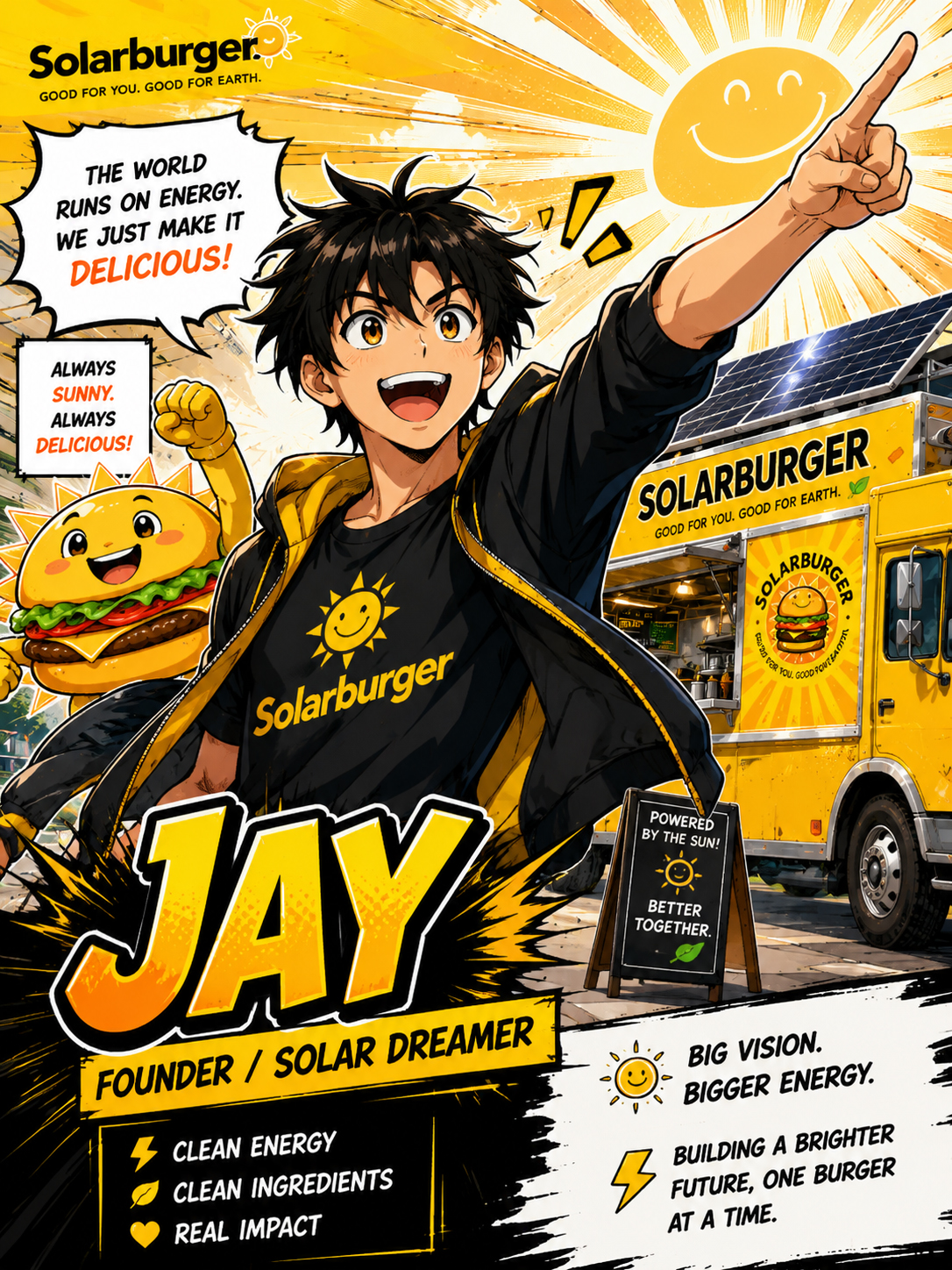 Manga portrait of the Solarburger founder, the Solar Dreamer, wearing a yellow jacket and smiling with impossible confidence.