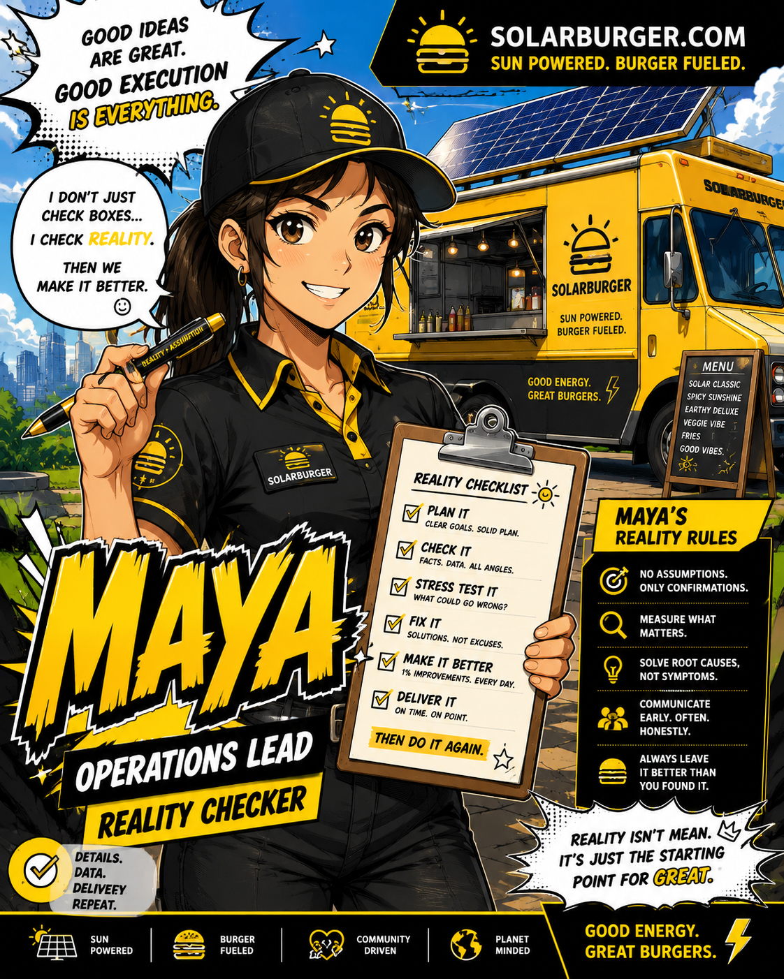 Manga portrait of the Solarburger operator with a cap, clipboard, and a sharp expression.