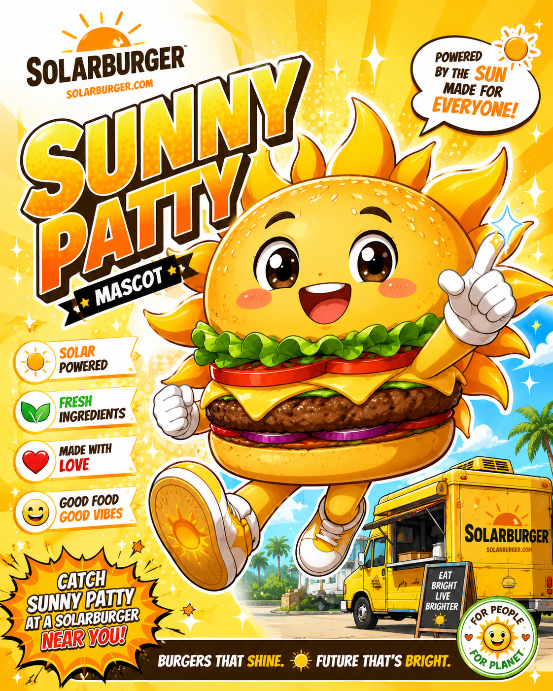 Manga mascot Sunny Patty, a cheerful sun-shaped burger character with questionable business advice.