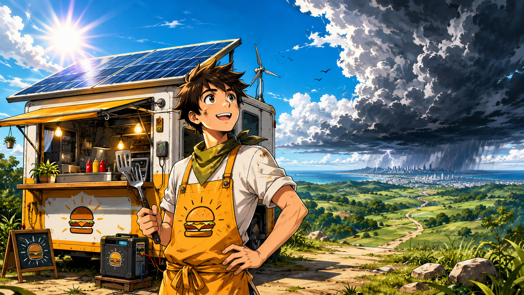 Manga panel of a tiny cloud appearing on the horizon as the Solarburger team prepares to test solar cooking.