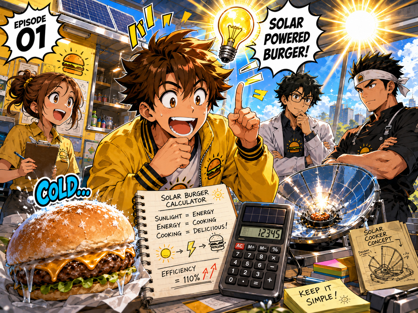 Manga panel of a founder holding a cold burger and a solar calculator outside in bright sunlight.