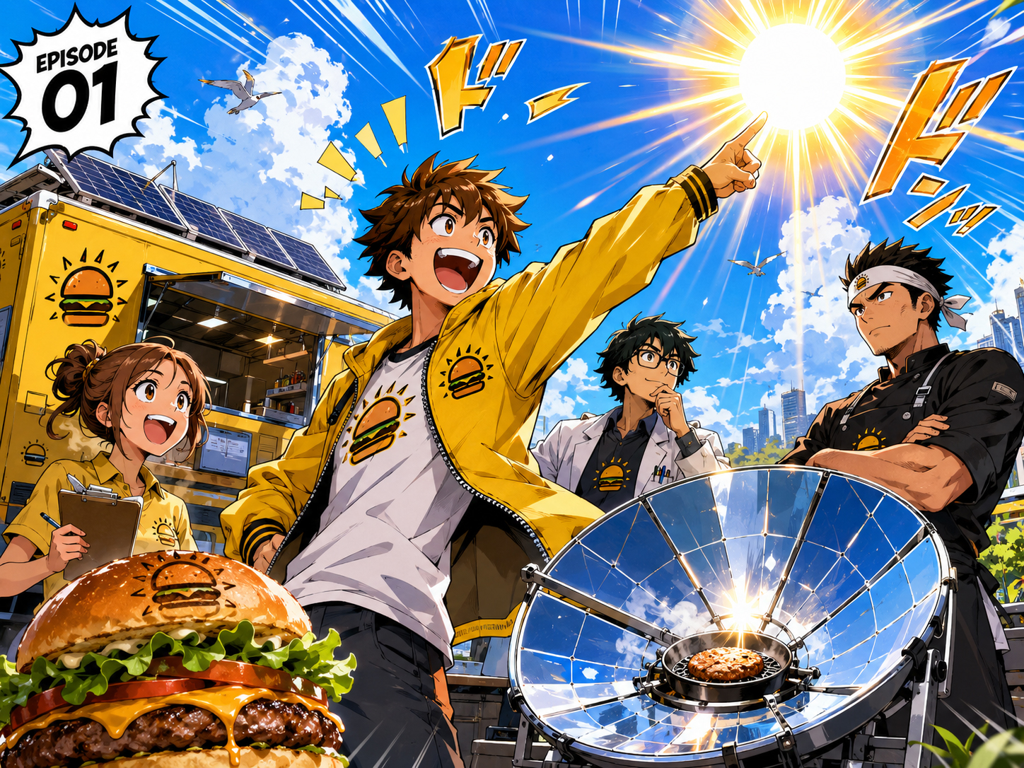 Manga panel of the Solarburger founder pointing dramatically at the sun while holding a burger.