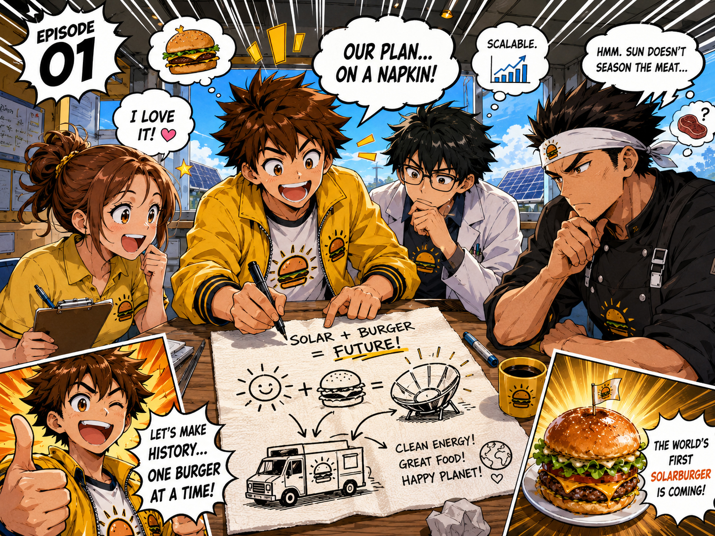 Manga close-up of a napkin showing the first Solarburger business plan: solar plus burger equals future.