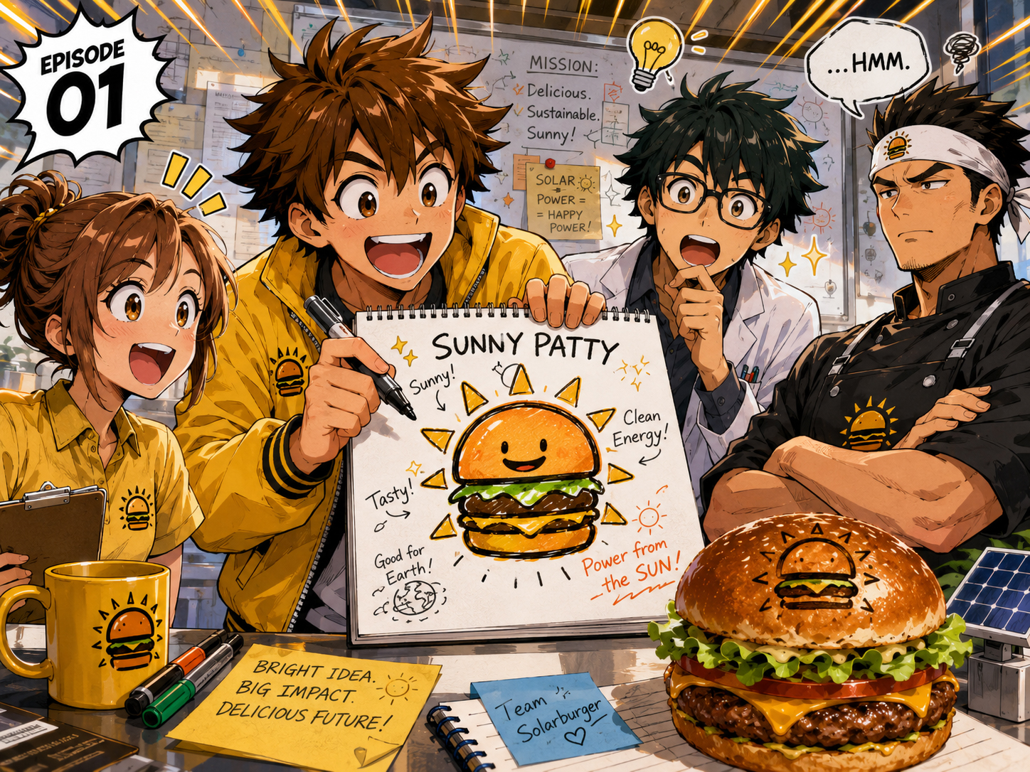 Manga panel of the first Sunny Patty mascot doodle on a napkin, a smiling sun-burger character.