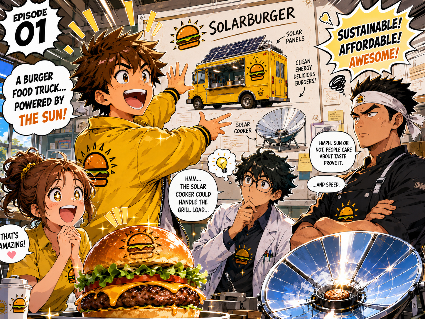 Manga panel of the engineer, operator, and chef reacting to the founder's Solarburger pitch.