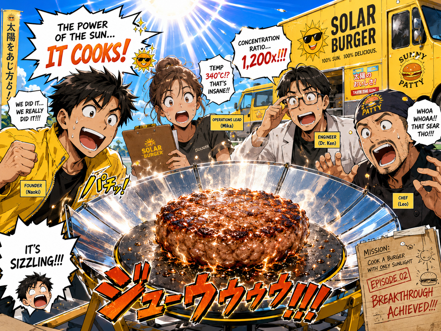 Manga close-up of the first Solarburger patty sizzling on a solar grill in bright sunlight.
