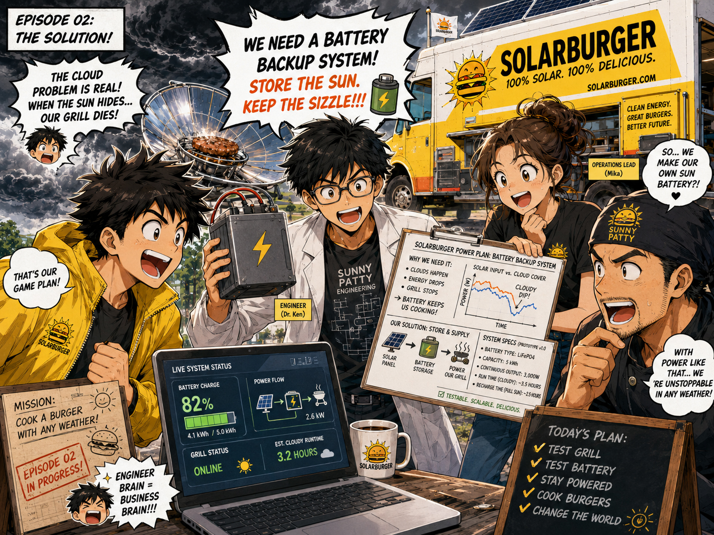 Manga panel of the engineer opening a battery and solar storage spreadsheet while the team watches nervously.