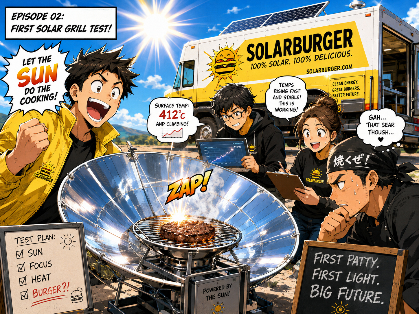 Manga panel of the Solarburger team gathered around the first solar grill prototype in a sunny parking lot.