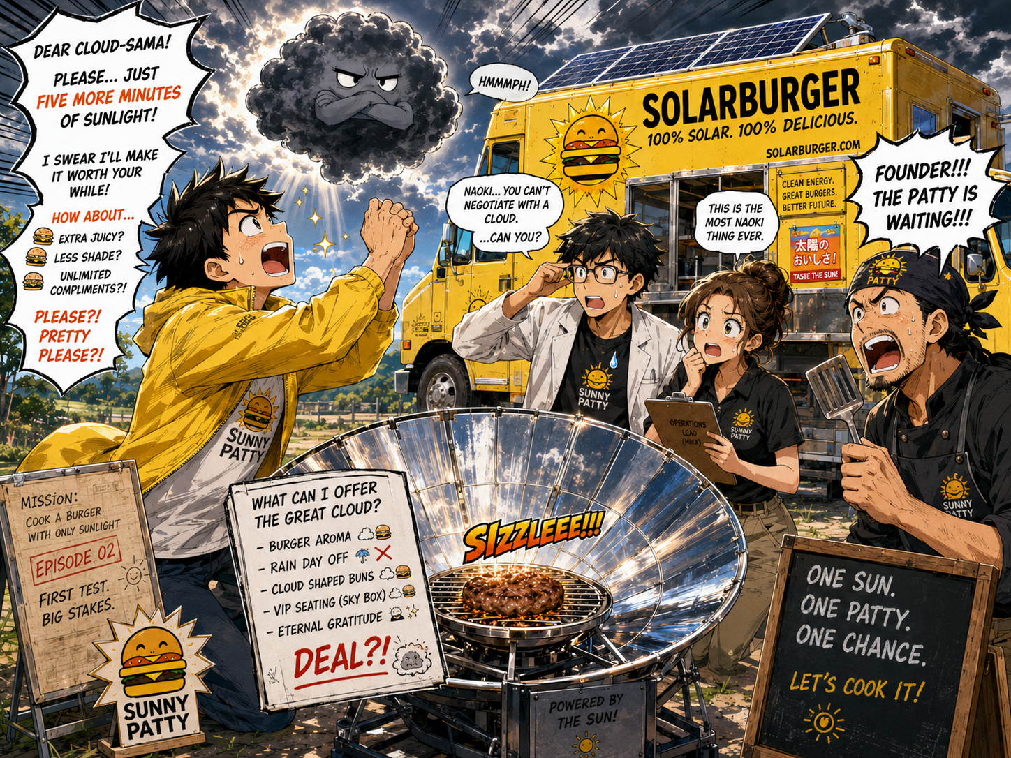 Manga panel of the Solarburger founder pointing at a cloud and trying to negotiate with the sky.