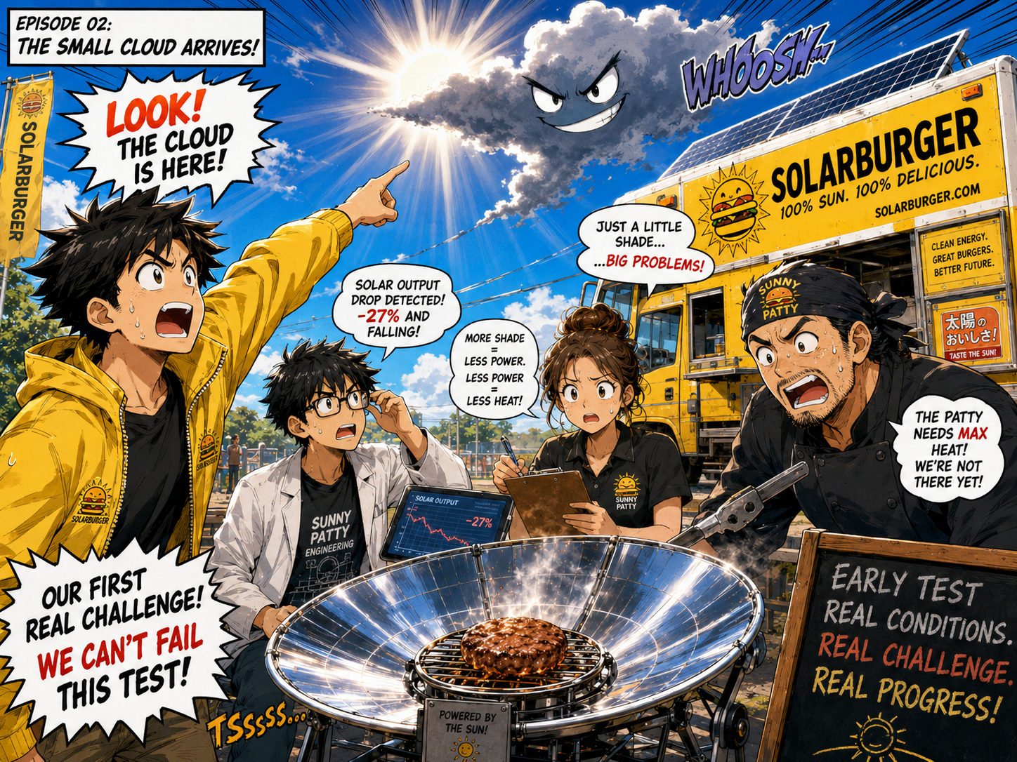 Manga panel of a small suspicious cloud drifting toward the sun while the Solarburger team looks worried.