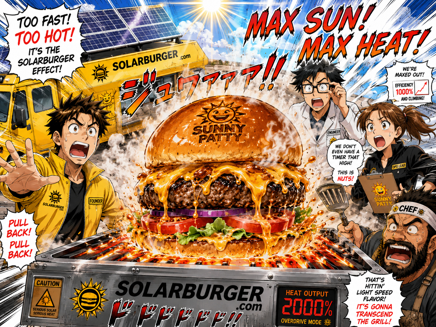 Manga close-up of a burger patty searing too quickly under concentrated solar heat.