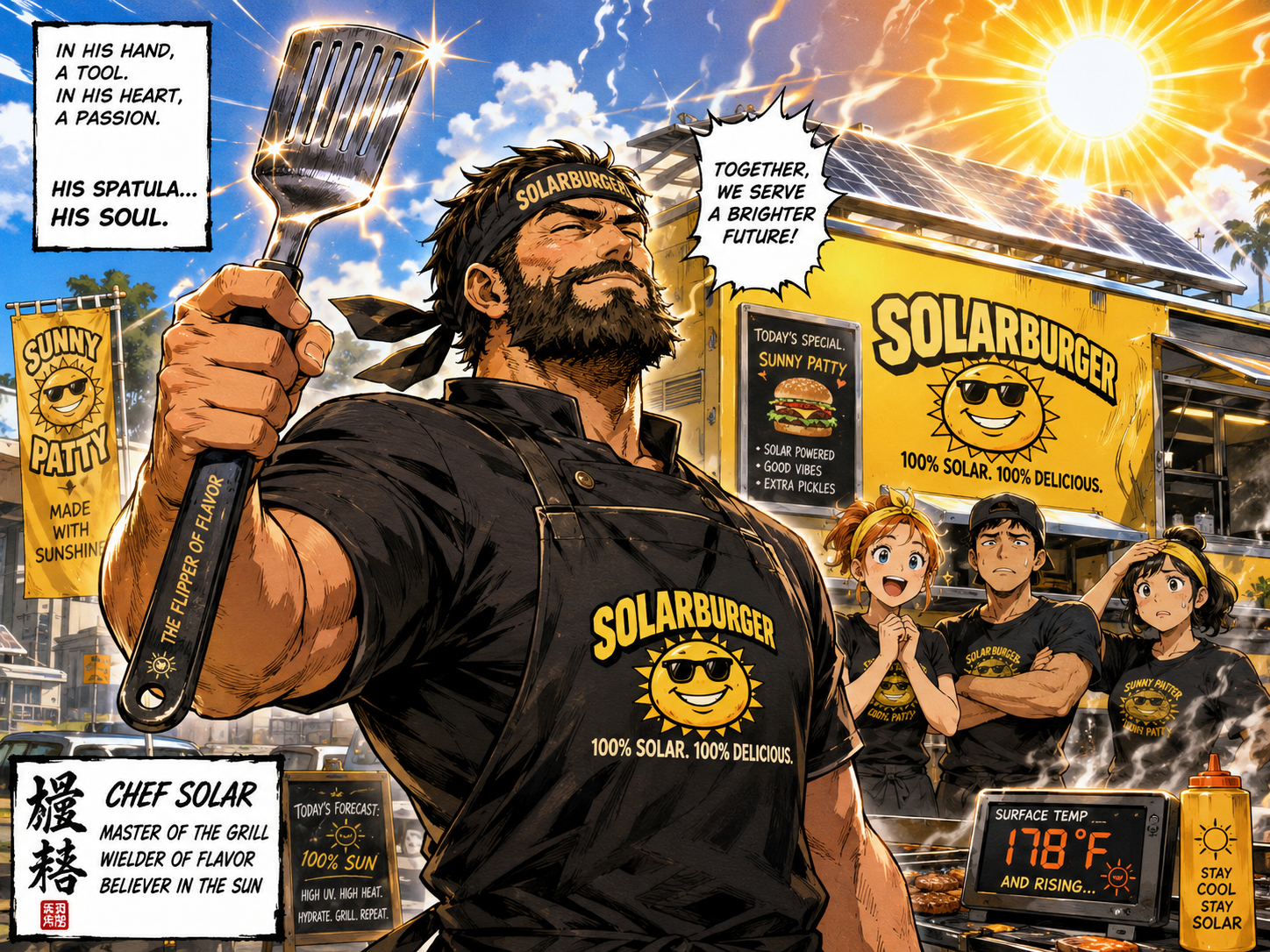 Manga panel of the Solarburger chef holding his favorite spatula like a sacred kitchen sword.