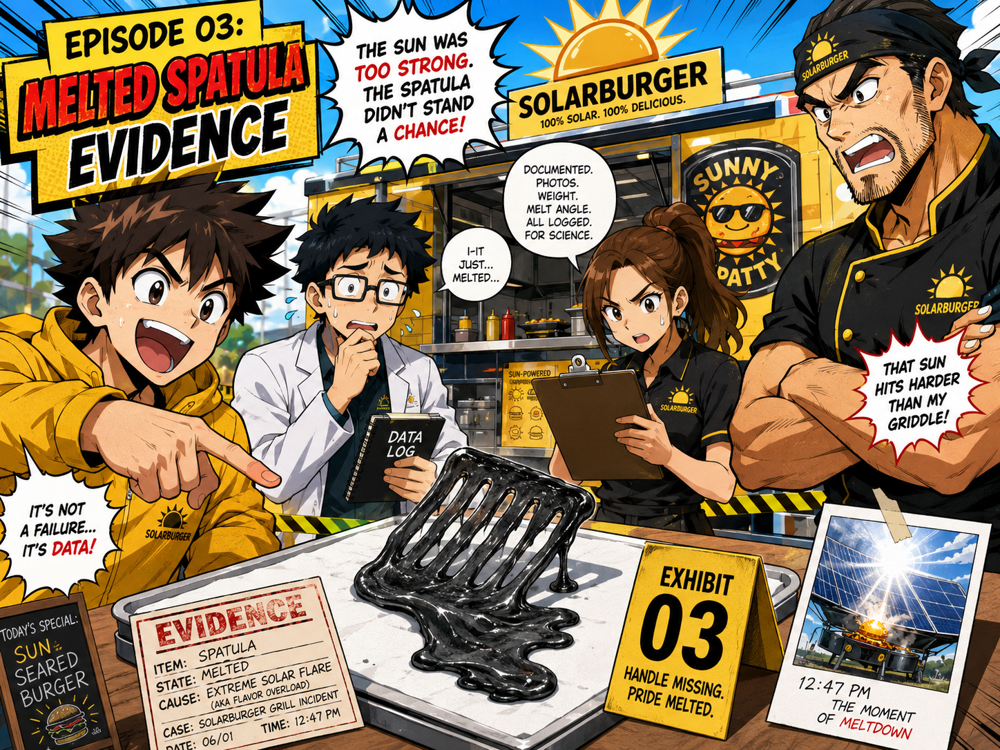 Manga panel of the team gathered around a melted spatula on a table labeled lesson object.
