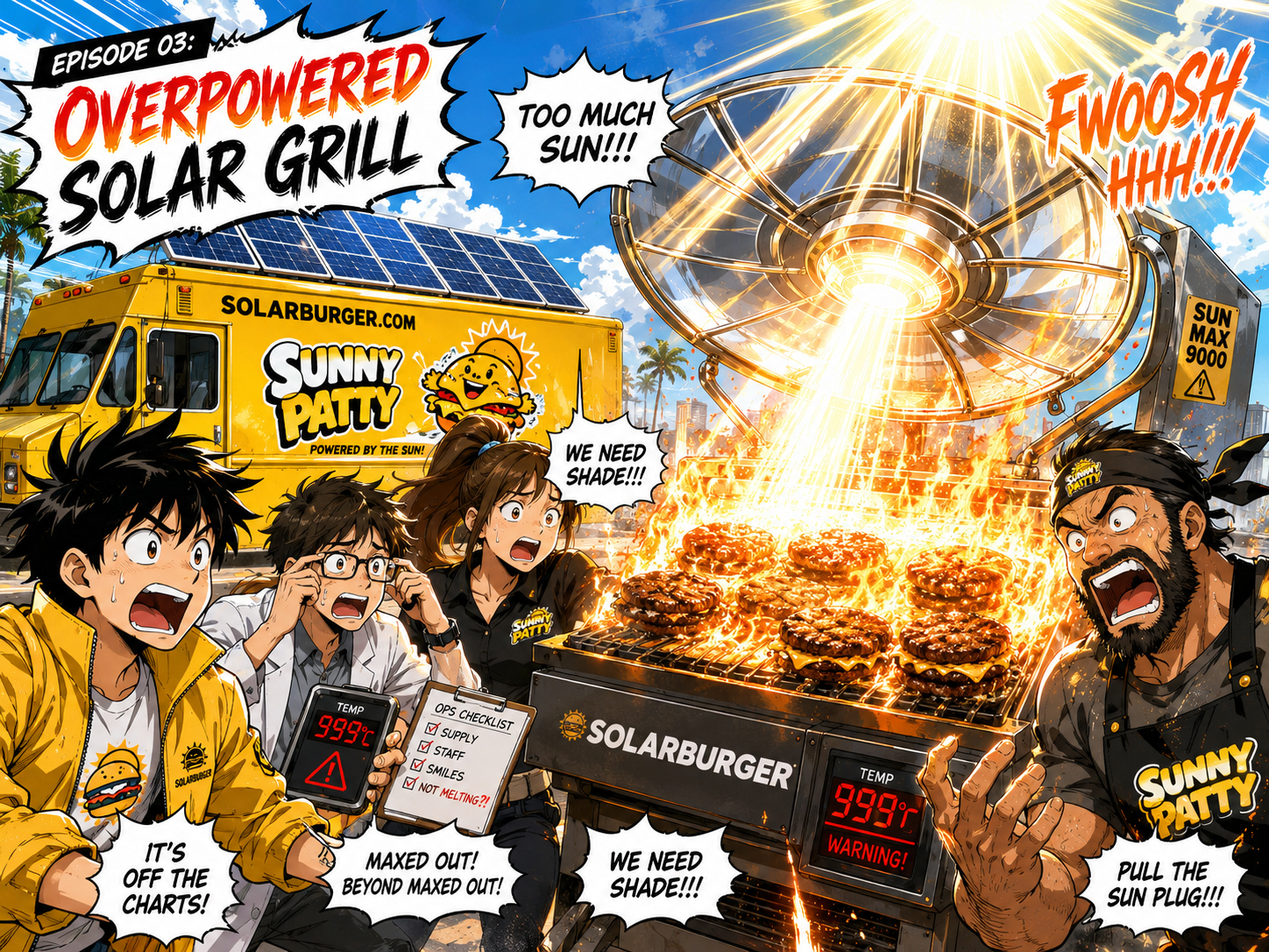 Manga panel of an overpowered Solarburger reflector grill blazing in the sun while the team watches nervously.