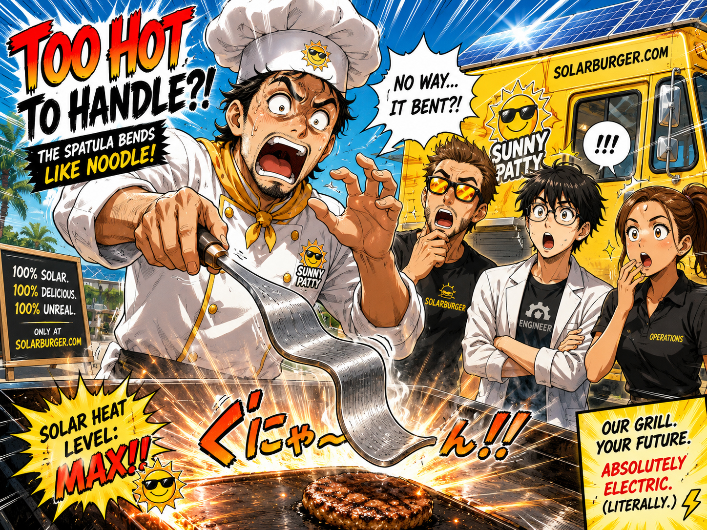 Manga panel of the chef's spatula bending like a noodle from too much solar heat.