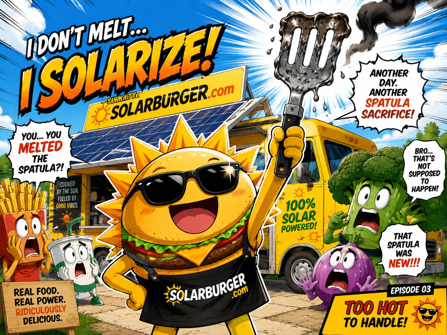 Manga panel of Sunny Patty mascot smiling while holding a tiny spatula beside the Solarburger whiteboard.