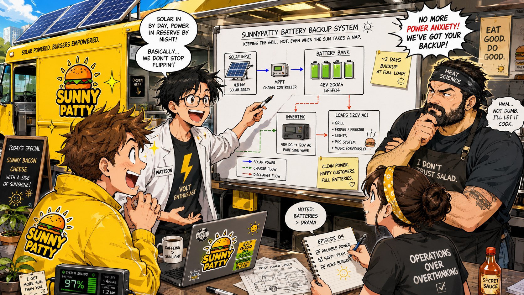 Manga panel of the engineer explaining solar panels, batteries, inverter, and kitchen loads on a whiteboard.