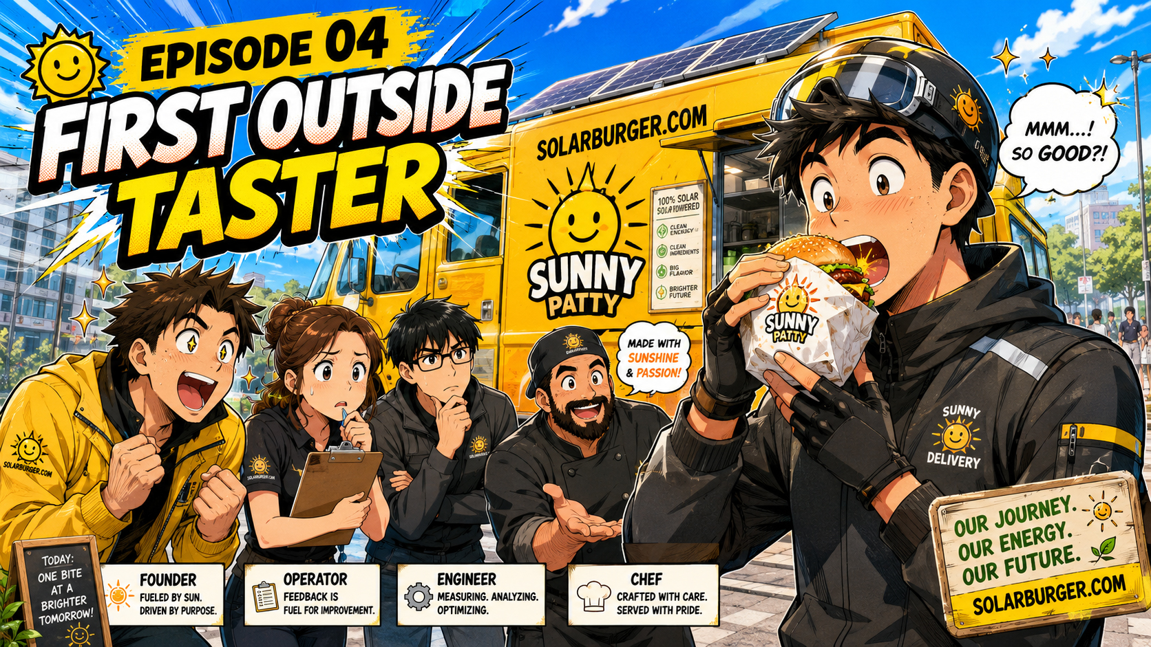 Manga panel of a delivery driver tasting the first respectable Solarburger while the team waits nervously.