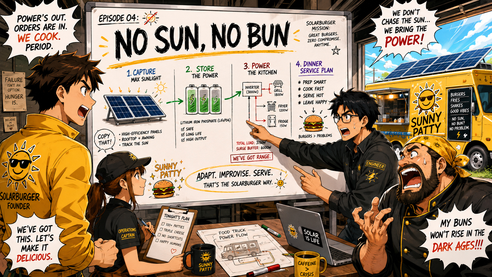 Manga panel of the Solarburger whiteboard with the phrase No Sun No Bun and battery backup notes.