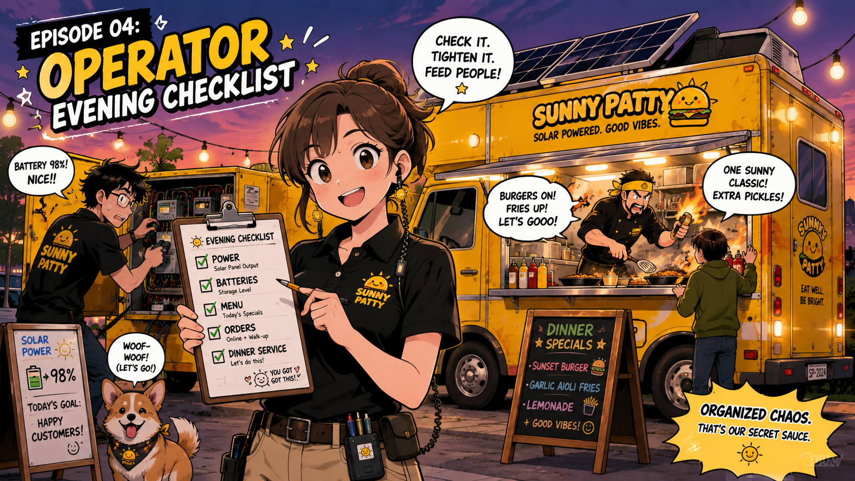 Manga panel of the operator creating a dinner service checklist for Solarburger.