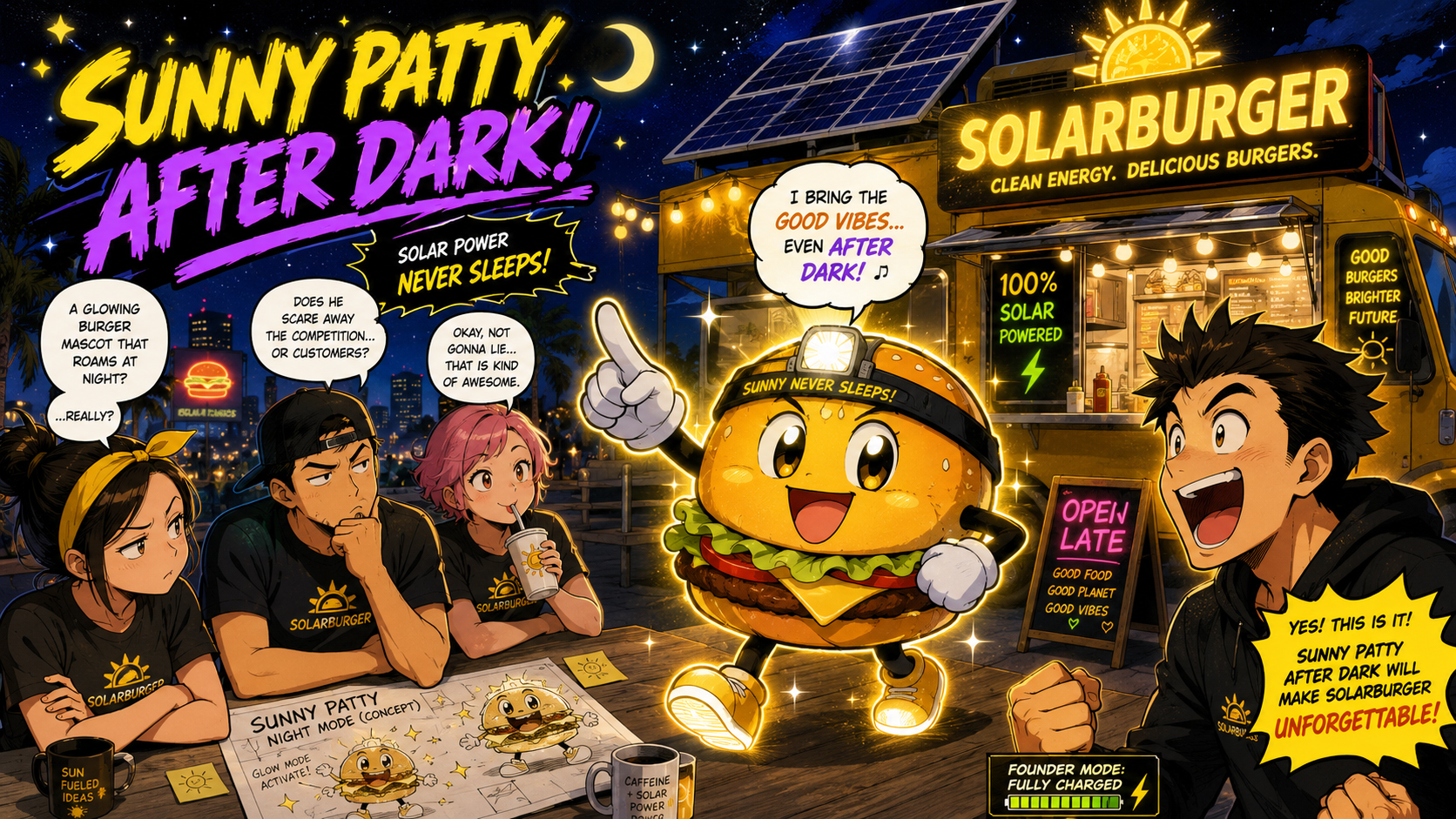 Manga panel of Sunny Patty mascot wearing a headlamp and sunglasses for a night menu idea.