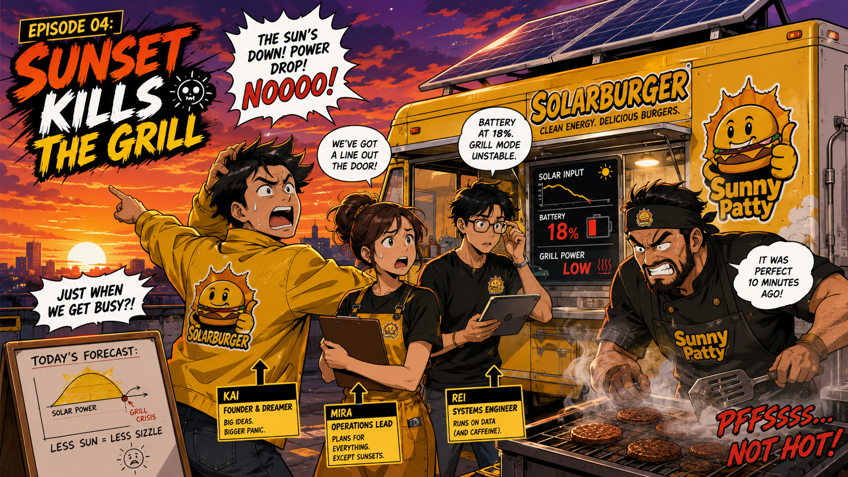 Manga panel of the Solarburger grill cooling as the sun sets behind the building.