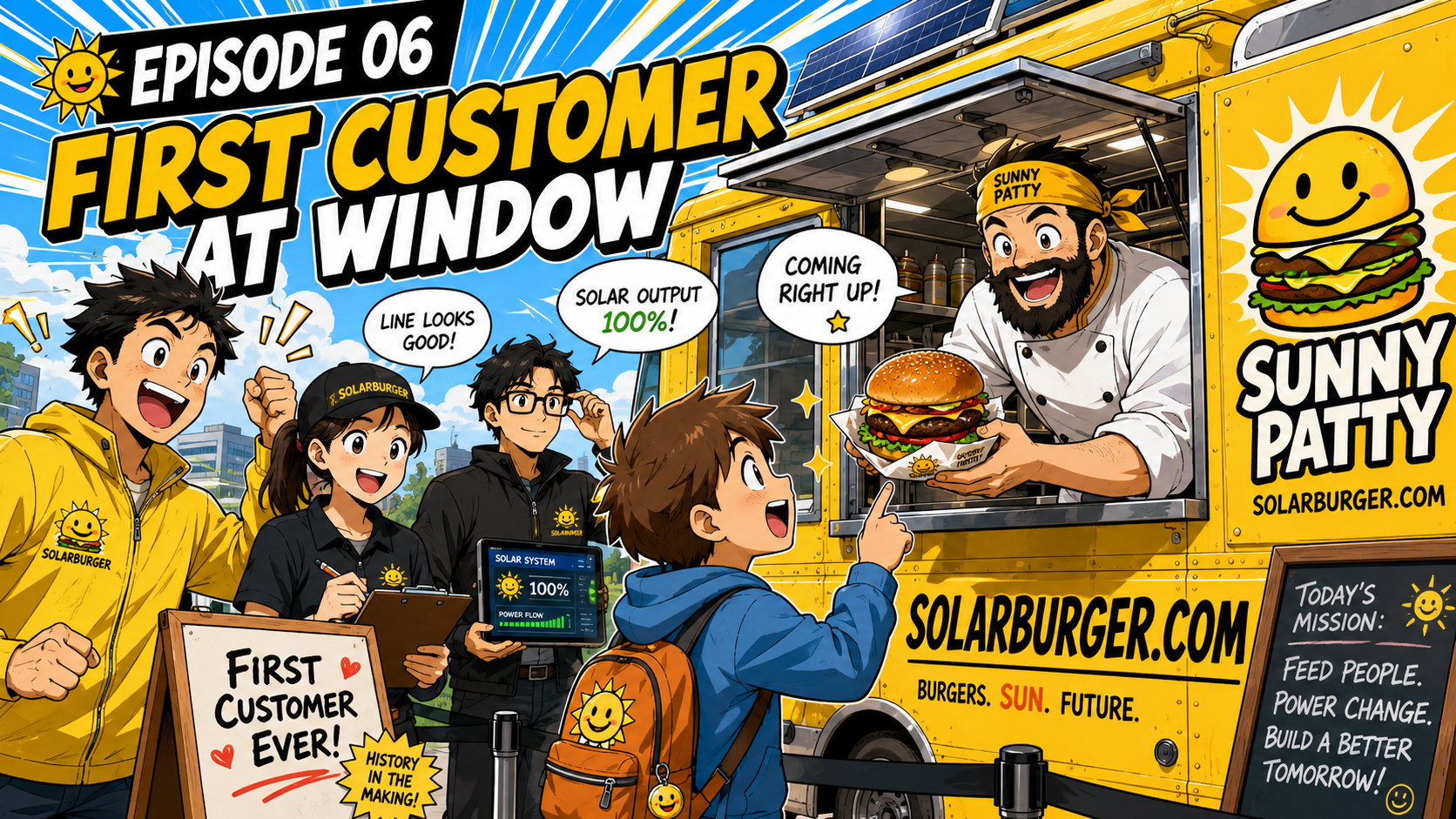 Manga panel of the first customer ordering a cheeseburger at the Solarburger truck window.