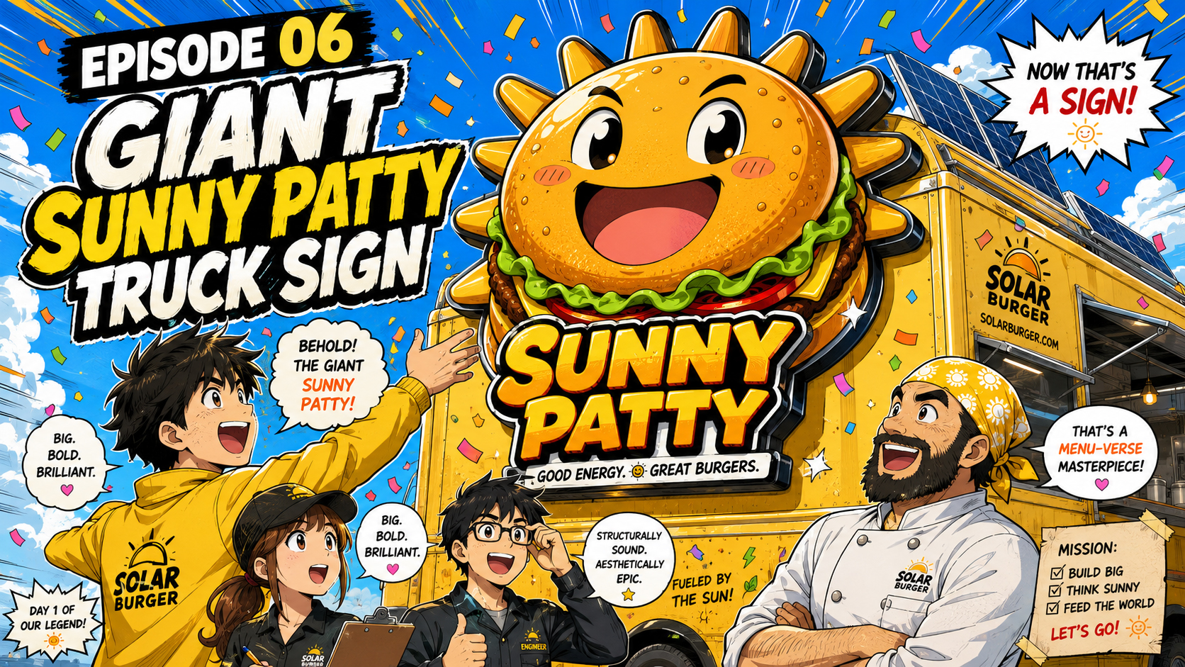 Manga panel of a giant Sunny Patty mascot graphic being applied to the side of the Solarburger truck.