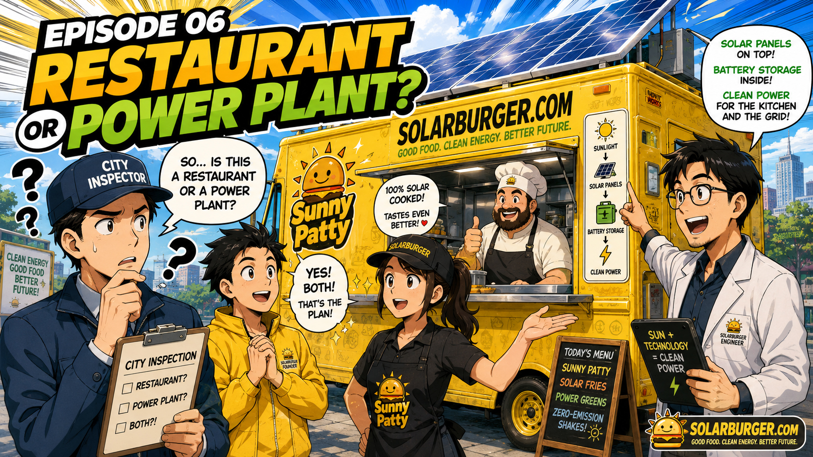 Manga panel of a city inspector asking whether the Solarburger food truck is a restaurant or a power plant.