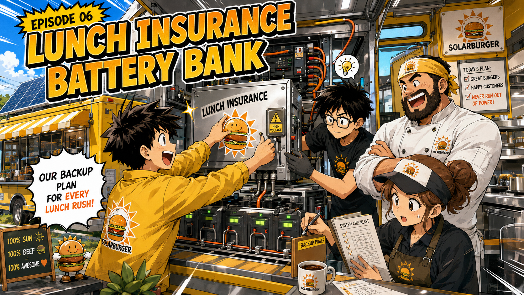 Manga panel of the Solarburger battery bank being installed inside the food truck and labeled Lunch Insurance.