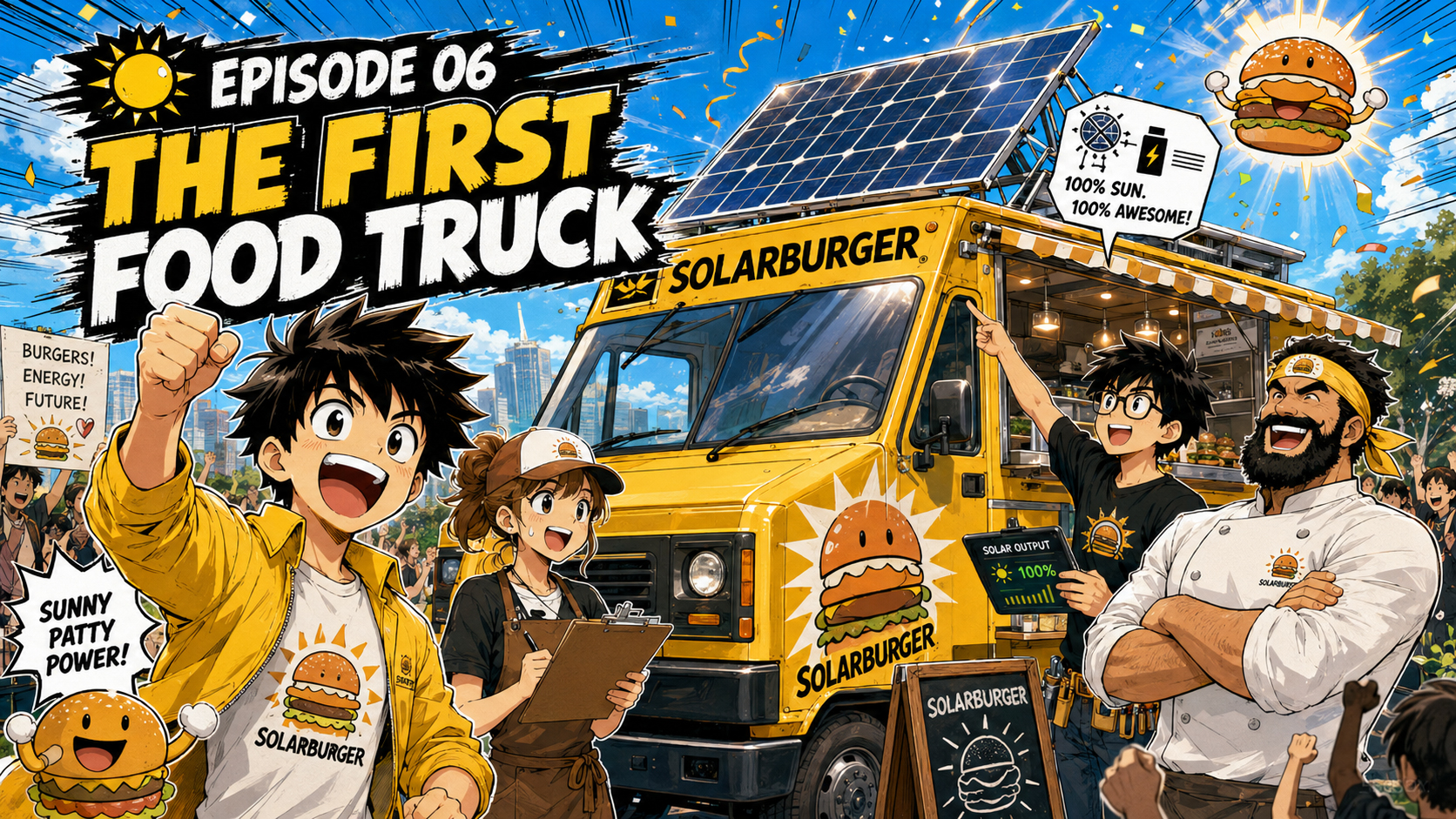 Manga panel of the Solarburger team discovering an old retired food truck behind a catering company.