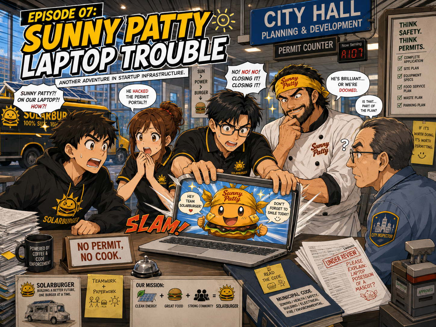 Manga panel of the Solarburger team standing at a City Hall permit counter with food, electrical, fire, and event departments gathering.