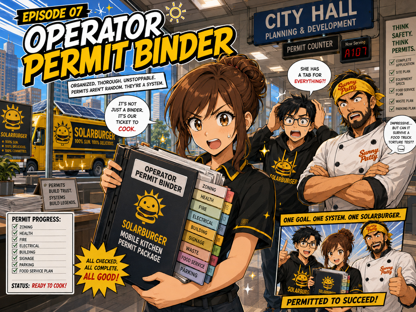 Manga panel of a city inspector with a clipboard examining the Solarburger truck with solar panels and customers.