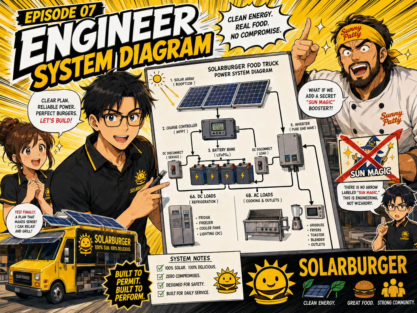 Manga panel of the operator carrying a giant organized Solarburger permit binder with tabs and labels.