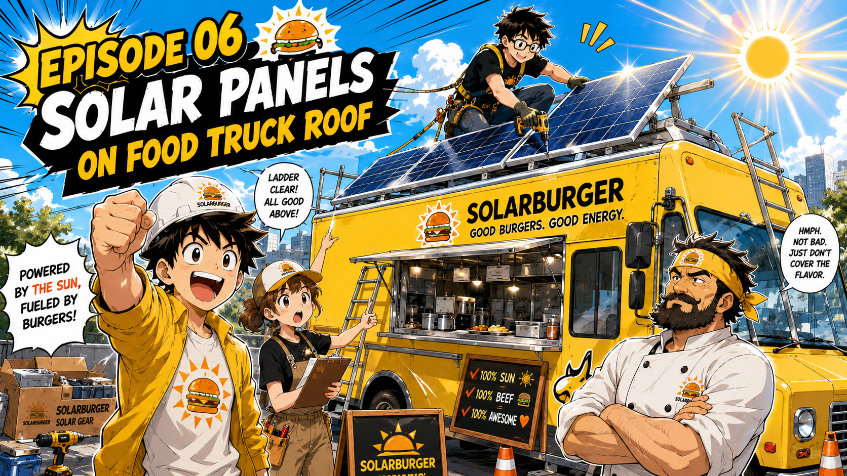 Manga panel of the Solarburger team celebrating cautiously beside the truck after City Hall gives a conditional path forward.