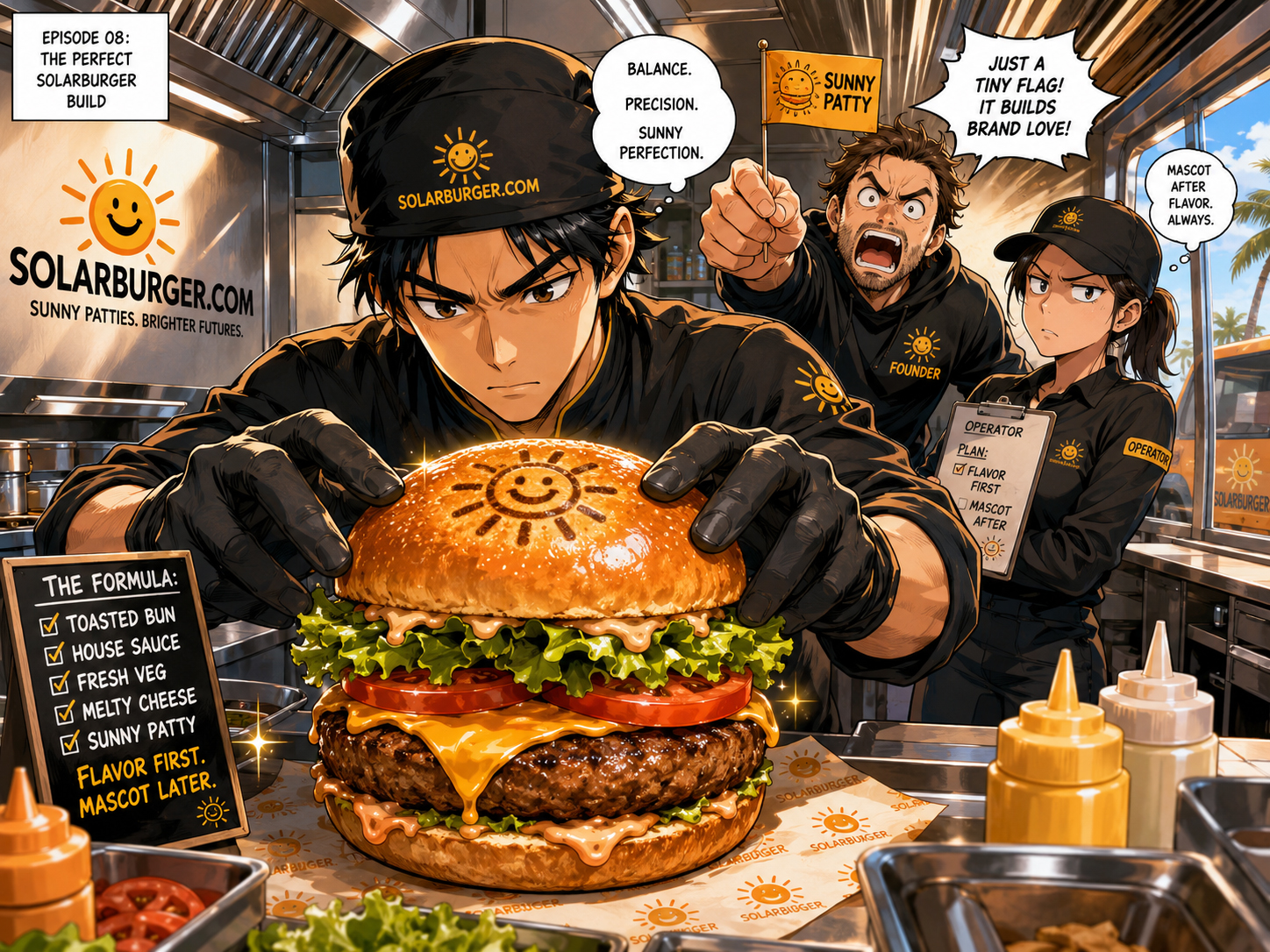 Manga panel of the Solarburger chef carefully assembling the first perfect solar burger.