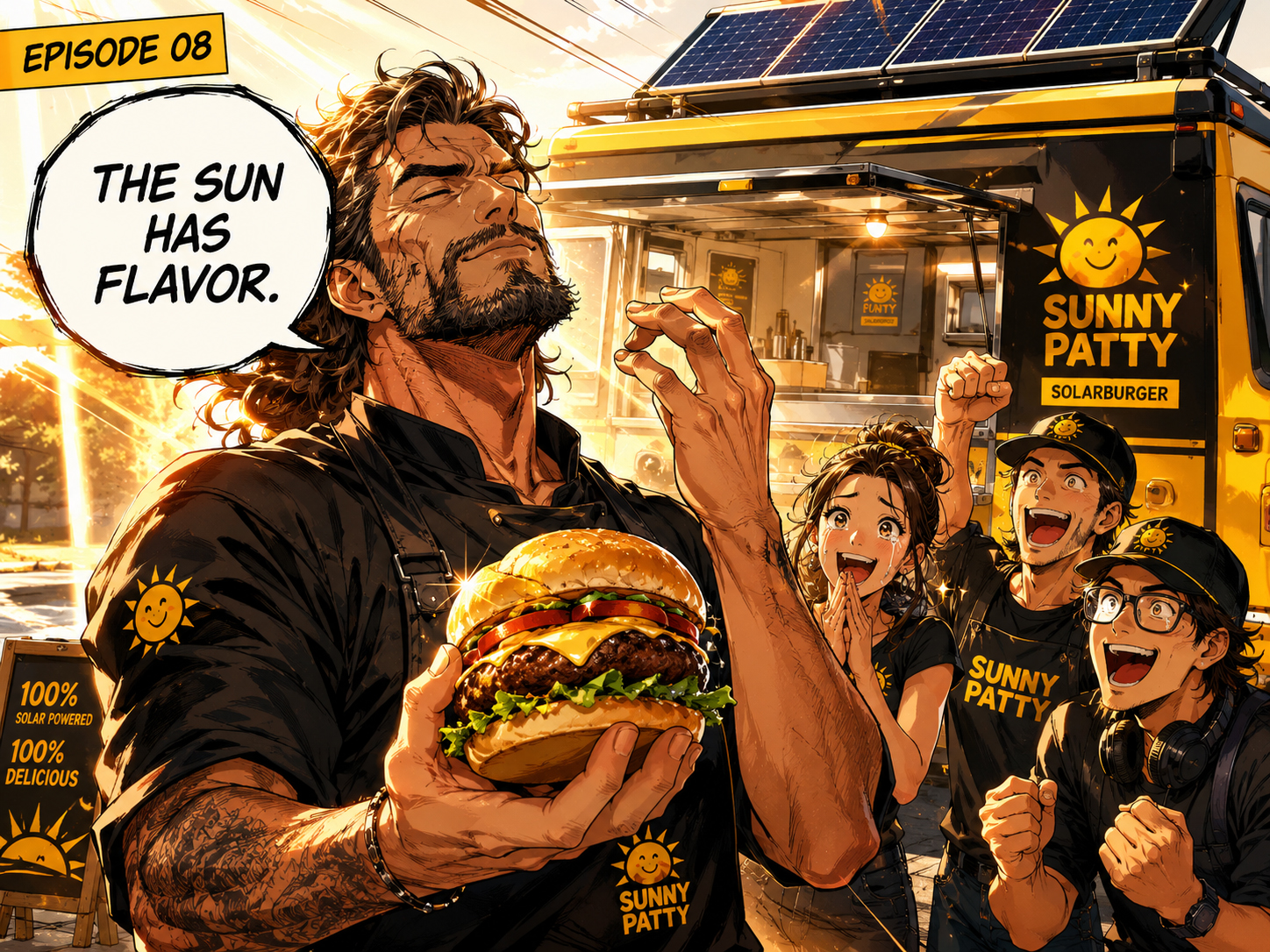 Manga panel of the chef tasting the Solarburger and saying the sun has flavor.