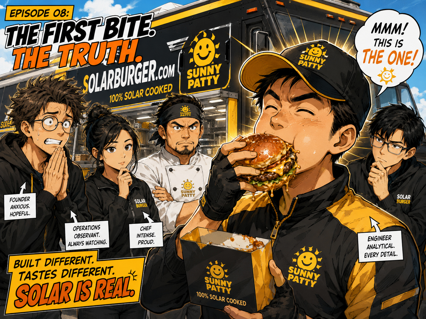 Manga panel of the delivery driver taking the first bite of the Solarburger while the team watches nervously.