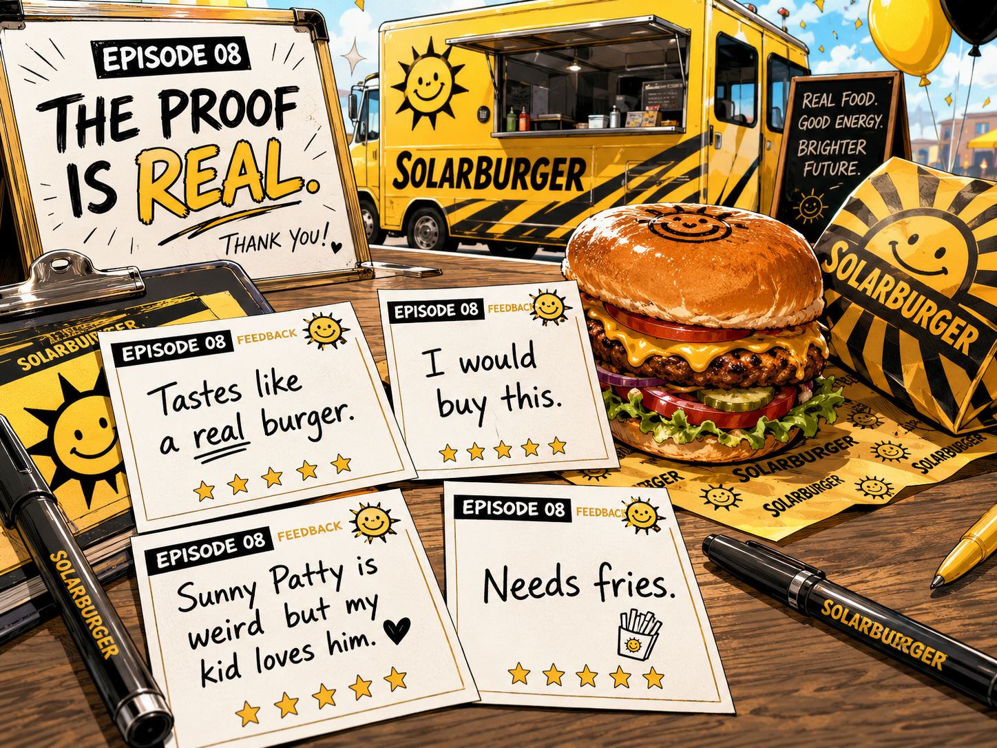Manga close-up of Solarburger feedback cards saying tastes like a real burger and needs fries.