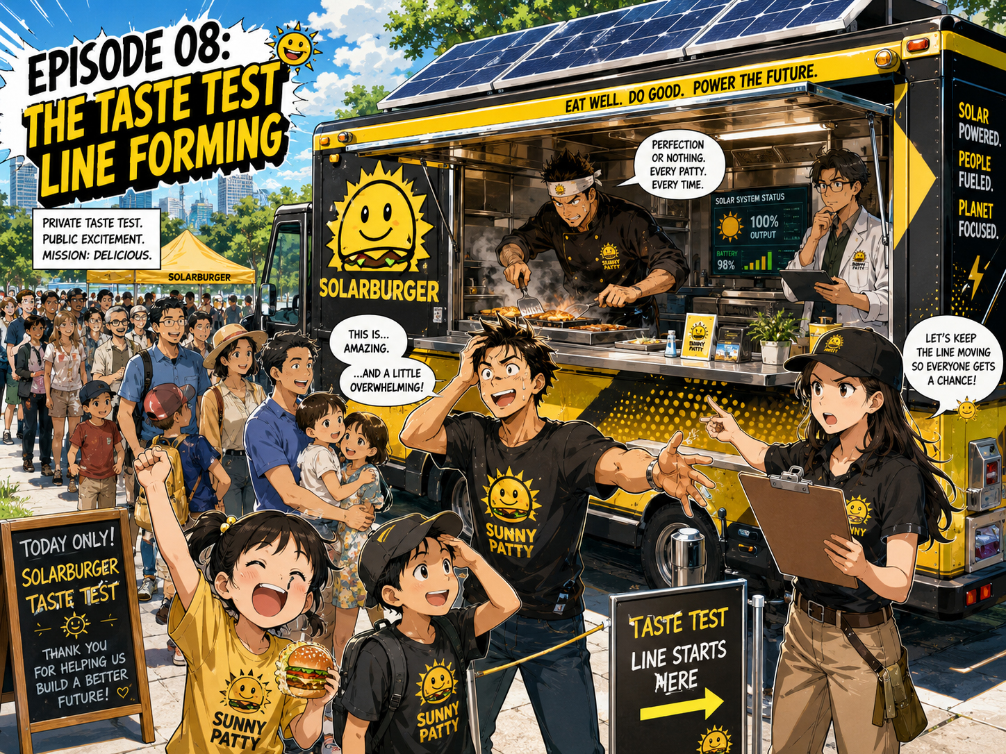Manga panel of a line forming at the Solarburger truck during the taste test.