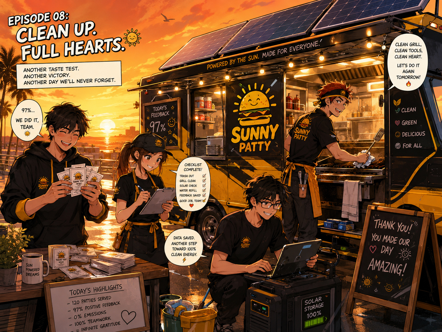 Manga panel of the Solarburger team cleaning the truck after the taste test victory at sunset.