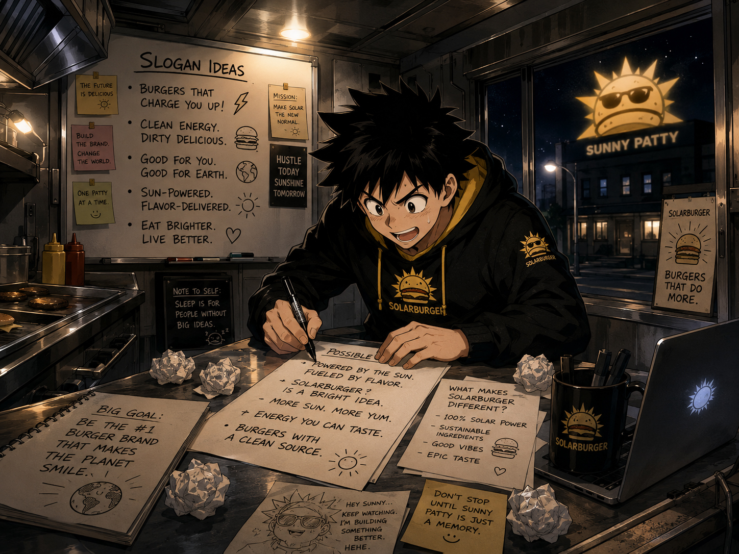 Manga panel of the Solarburger founder alone in the food truck at midnight writing slogans under the glow of Sunny Patty.
