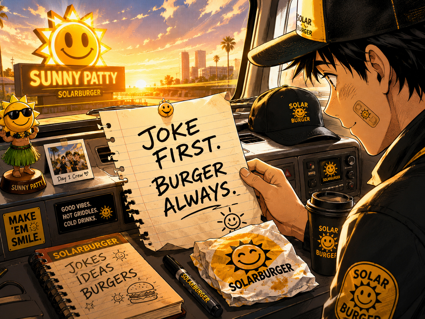 Manga close-up of a dashboard note reading Joke First Burger Always beneath the glowing Sunny Patty logo.