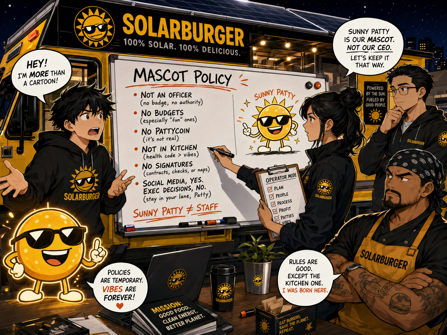 Manga panel of the Solarburger team writing a mascot policy on a whiteboard banning Sunny Patty from budgets and food prep.
