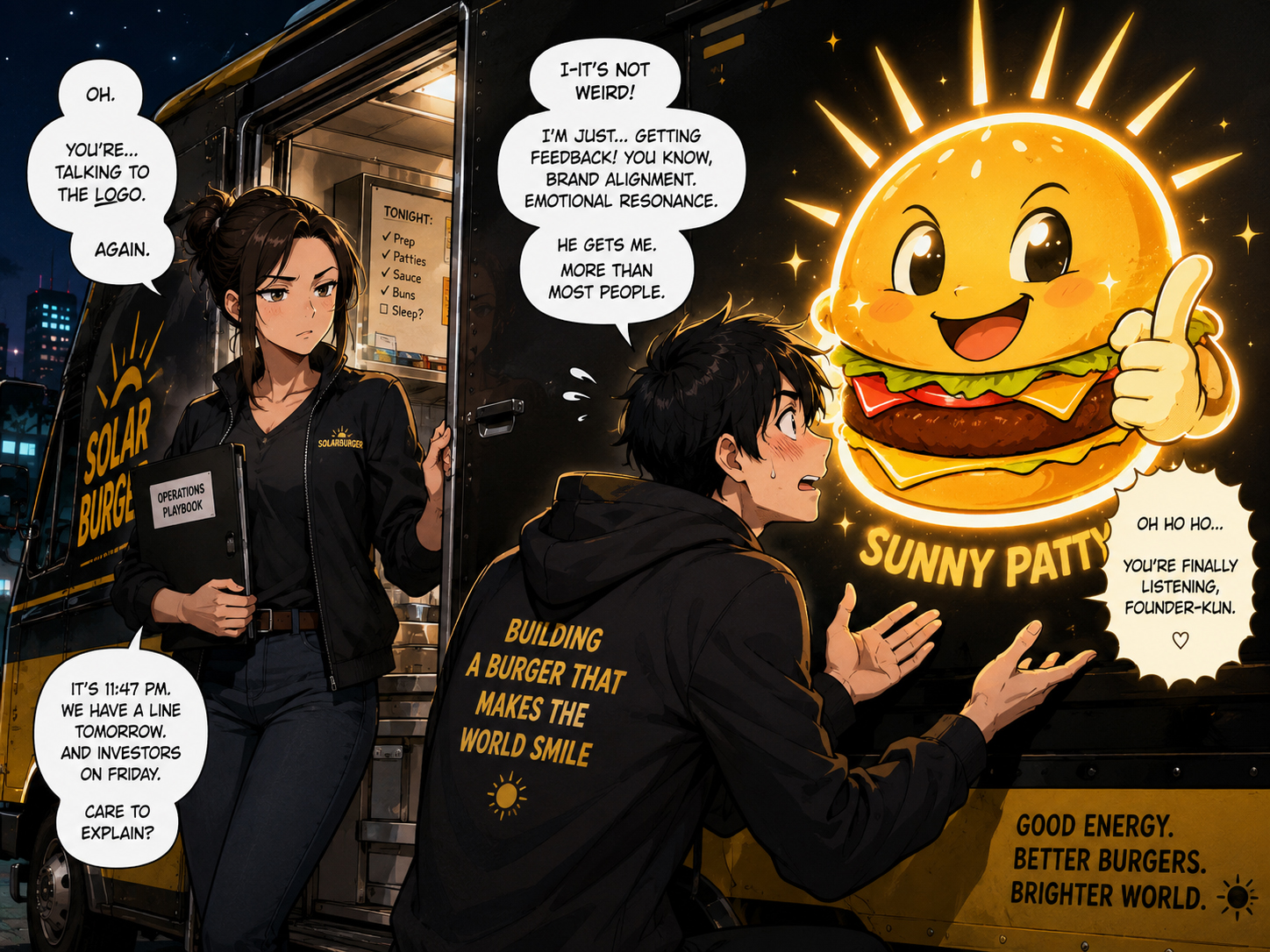 Manga panel of the operator catching the founder talking to the Sunny Patty mascot at night.