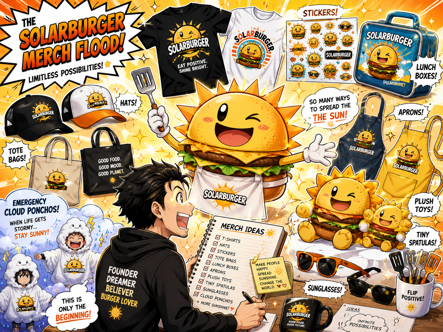 Manga panel of Sunny Patty surrounded by merchandise ideas including shirts, lunch boxes, stickers, and emergency cloud ponchos.