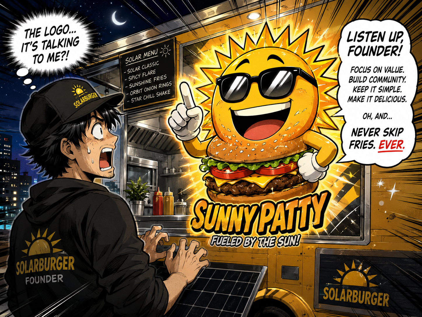 Manga panel of Sunny Patty glowing on the side of the truck and speaking to the shocked founder.